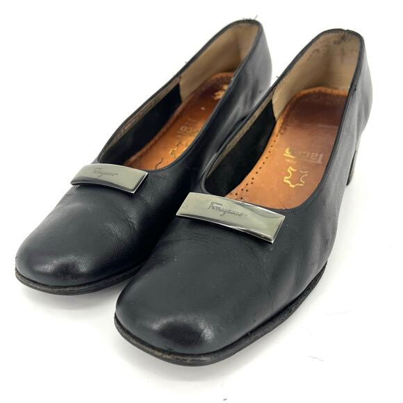 Salvatore Ferragamo Vintage Women's Black Leather Square Toe Block Heel Pumps 10 - Picture 1 of 8